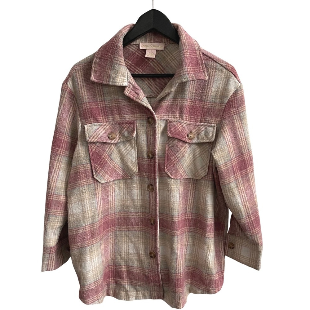 Emma's Expressions Plaid‎ Button Up Shirt Jacket Flannel Womens Small Pink Beige